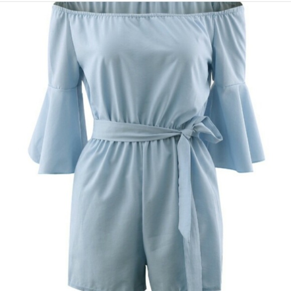 Flare 1/2 sleeve off shoulder belted mini romper - Picture 7 of 8
